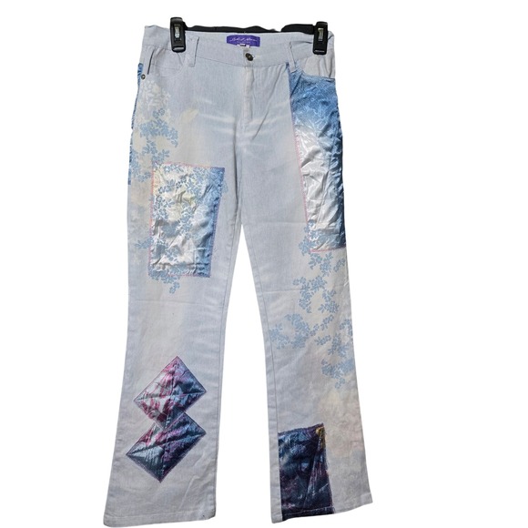 Solid Rose Patchwork Jeans Floral Print Denim‎ Sz L Artistic Unique Y2k inspired - Picture 1 of 6